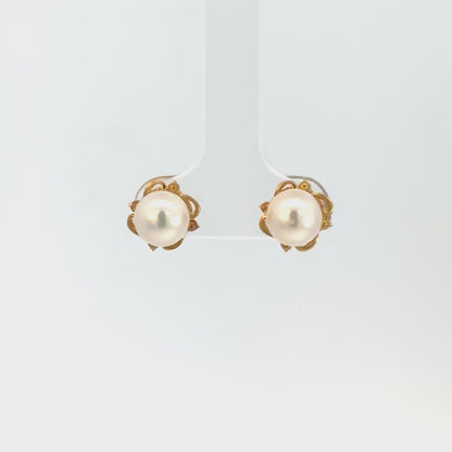 14K Yellow Gold Pearl Floral Stud Earrings