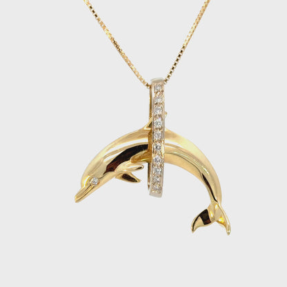 14K Yellow Gold Dolphin Pendant with Diamond Hoop & Diamond Eye