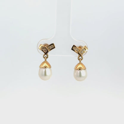 14K Yellow Gold Diamond Accent & Pearl Drop Earrings