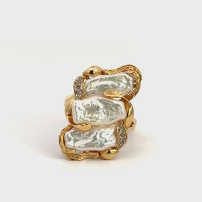Vintage 14K Yellow Gold Baroque Freshwater Pearl & Diamond Statement Ring