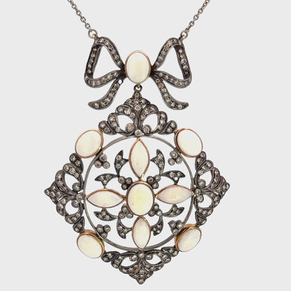 Antique Diamond and Opal Bow Pendant Necklace in 18K White Gold – Large Filigree Design