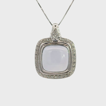 14K White Gold Cushion Blue Chalcedony Diamond Pendant