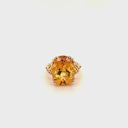 Striking Oval Citrine Ring with Ornate Fine Carved Flowers