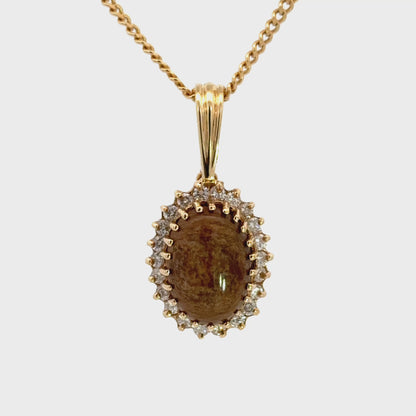 14K Gold Oval Coral Cabochon Diamond Halo Pendant