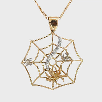 14K Yellow Gold Openwork Spider Web Pendant with Diamond Web