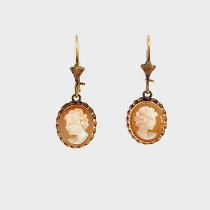 Romantic Vintage Cameo Drop Earrings in Yellow Gold