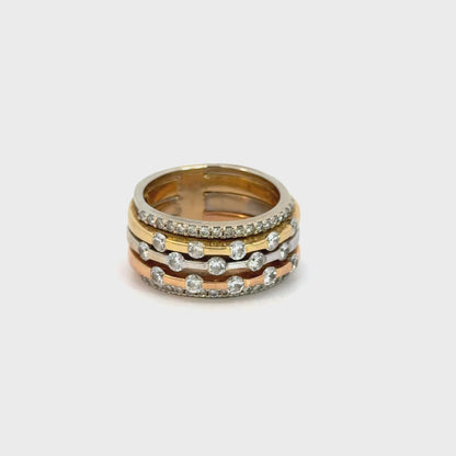 Vintage 18K Tri-Color Gold Diamond Wide Band Ring
