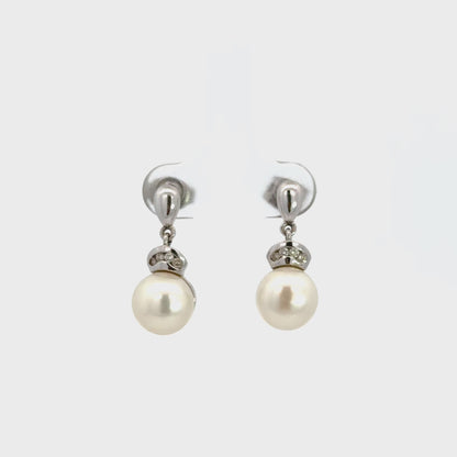 14K White Gold Diamond-Capped Pearl Drop Earrings