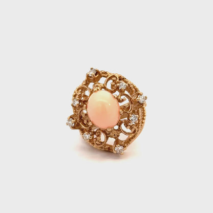 18K Yellow Gold Vintage Coral & Diamond Lacework Statement Ring