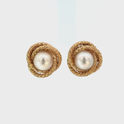14K Yellow Gold Pearl Textured Love Knot Stud Earrings