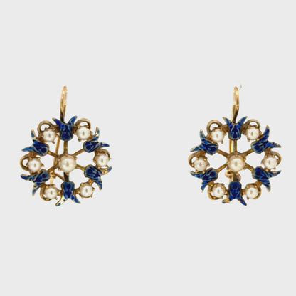 Antique 14K Yellow Gold Blue Enamel Tulip & Pearl Earrings