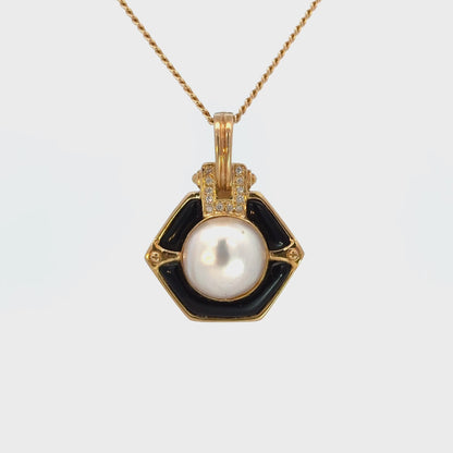 14K Yellow Gold Vintage Pearl, Onyx & Diamond Pendant