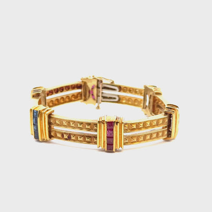 18K Yellow Gold Gemstone Bracelet with Diamonds, Rubies & Sapphires