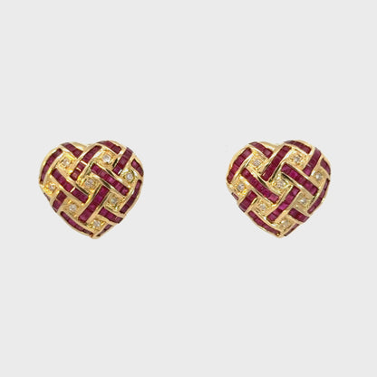 14K Yellow Gold Ruby & Diamond Woven Heart Earrings