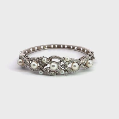 1930s Art Deco 14K White Gold Pearl & Diamond Bangle