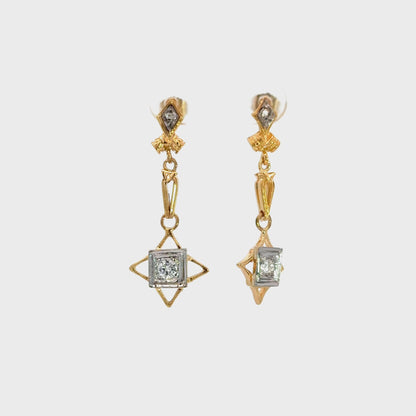 Antique 14K Yellow Gold Diamond Dangle Earrings – Early 20th Century Estate Jewelry