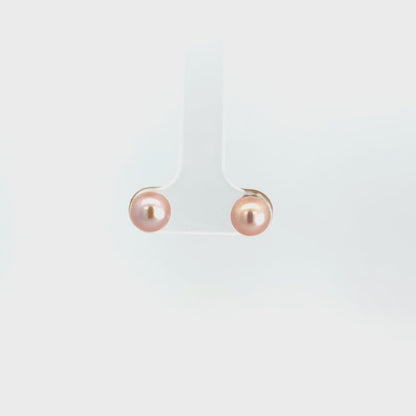 14K Yellow Gold 7mm Peachy Pink Pearl Stud Earrings