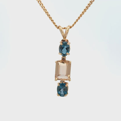 14K Yellow Gold Multi-Stone Pendant Blue Topaz & Smoky Quartz