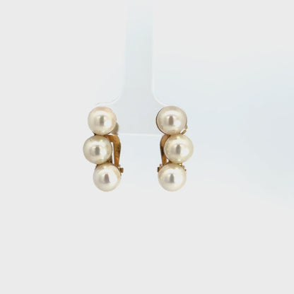 14K Yellow Gold Triple Pearl Curved Clip-On Earrings