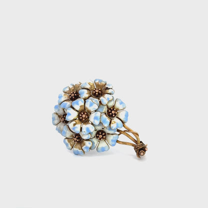 Vintage c. 1950 18K Yellow Gold White & Blue Enamel Floral Bouquet Brooch