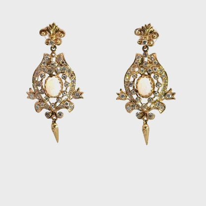 Glamorous 14K Yellow Gold Opal & Diamond Earrings