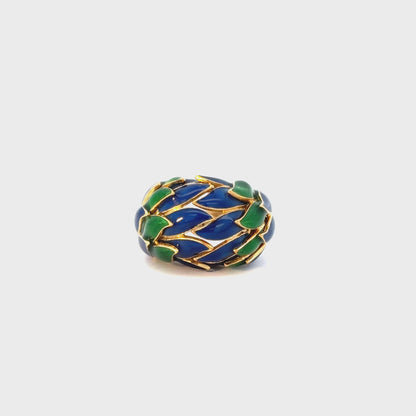 Vintage 18K Green & Blue Leaves Enamel Ring