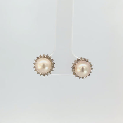 14K Yellow Gold Pearl & Diamond Halo Stud Earrings