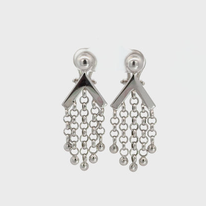 14K White Gold Chevron & Chain Fringe Drop Earrings