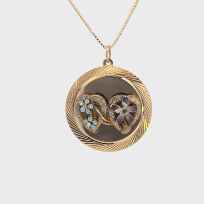 Vintage 14K Gold Enamel Clematis & Forget-Me-Not Double Heart Pendant