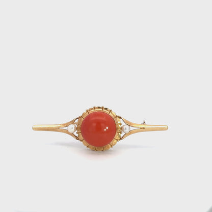 Vintage 14K Yellow Gold Coral Cabochon Pearl Brooch