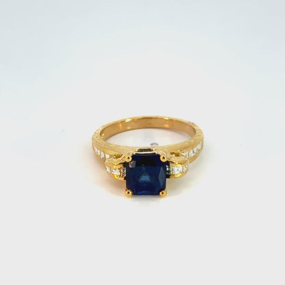 18K Yellow Gold Sapphire & Diamond Engraved Scroll Ring