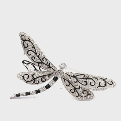 Exquisite 18K White Gold Diamond & Enamel Dragonfly Brooch