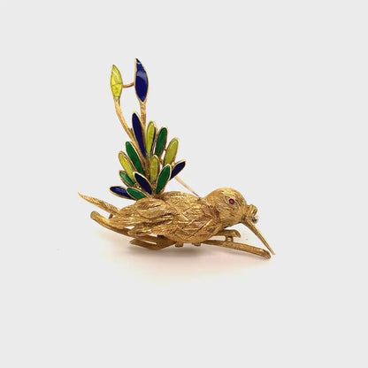 Vintage 18K Goldbird with Enamel Green Feathers Brooch