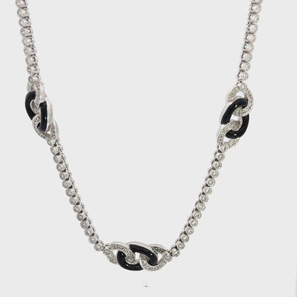 18K White Gold Diamond & Onyx Interlocking Link Necklace