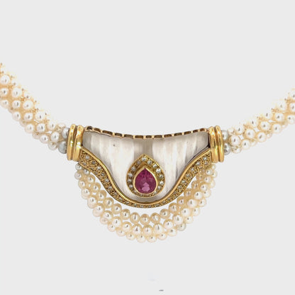 Vintage Pearl Necklace with Ruby & Diamonds 18K Pendant