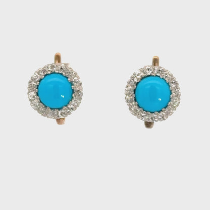 14K Two-Tone Gold Antique Turquoise & Diamond Halo Screw Back Earrings