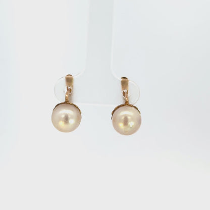 Charming Vintage 14K Yellow Gold Russian Pearl Leverback Earrings