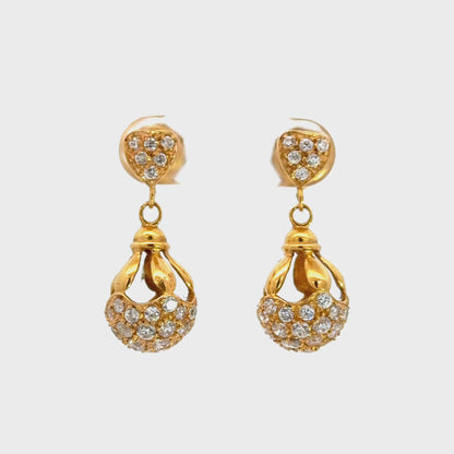 21K Gold Cubic Zirconia Heart Dangle Earrings Screw Posts