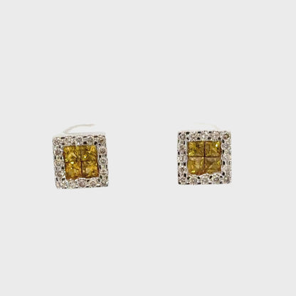 14K White Gold Yellow & White Diamond Halo Stud Earrings