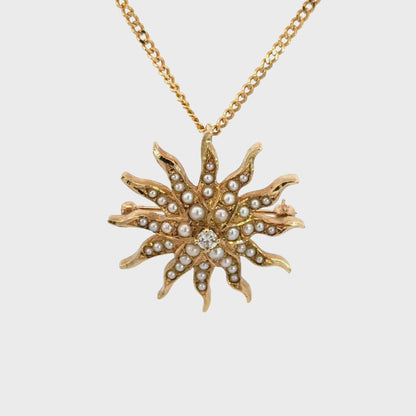 Antique Victorian 14K Yellow Gold Seed Pearl & Diamond Sunburst Convertible Pendant/Brooch