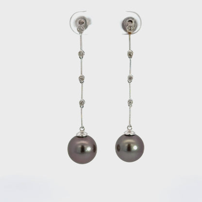 14K White Gold Tahitian Black Pearl Diamond Dangle Earrings