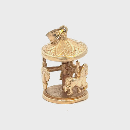 Vintage Carousel Charm with Moving Horses in 14K Yellow Gold
