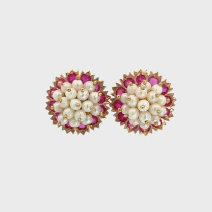 Vintage Retro 14K Rose Gold Ruby & Seed Pearl Floral Earrings
