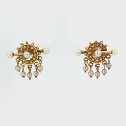 Estate 14K Gold & Seed Pearl Earrings | Unique Fringe Design
