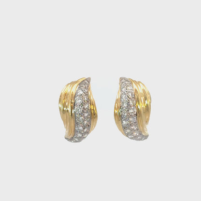 Vintage 14K Yellow Gold Diamond Curved Leaf Earrings