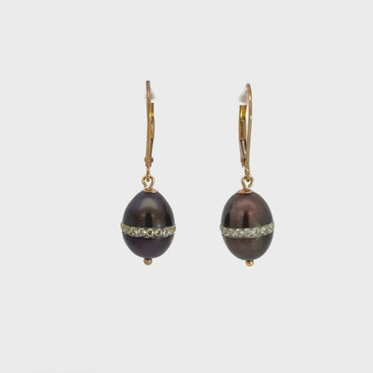 Vintage 14K Yellow Gold Black Pearl & Cubic Zirconia Drop Earrings