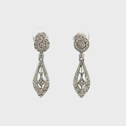 Elegant 14K White Gold Diamond Filigree Drop Earrings