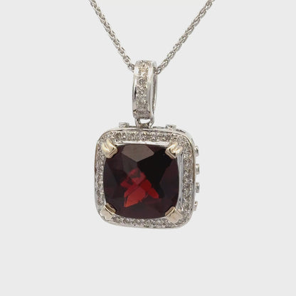 Cushion Cut Garnet Pendant with Diamond Halo 14K White Gold