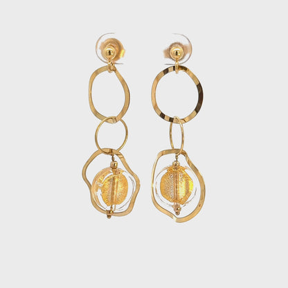 14K Yellow Gold Circle Drop Earrings with Golden Bead Accents