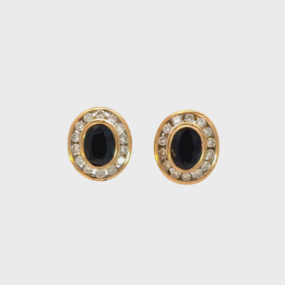 Dark Sapphire & Diamond Vintage Earrings in 18K Yellow Gold